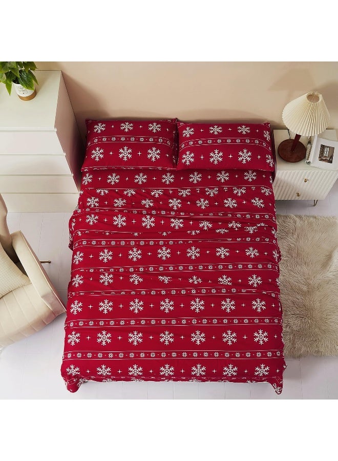 Vaulia Soft Microfiber Sheets, Print Snowflake Pattern Christmas Holidays, 4-Piece Set (1 Fitted Sheet 1 Flat Sheet 2 Pillowcases) Red/White Snowflake, Queen - Image 2
